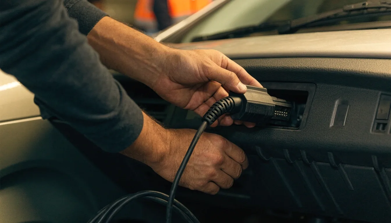 يدا فني توصّل قابس OBD2 في منفذ التشخيص أسفل لوحة قيادة السيارة