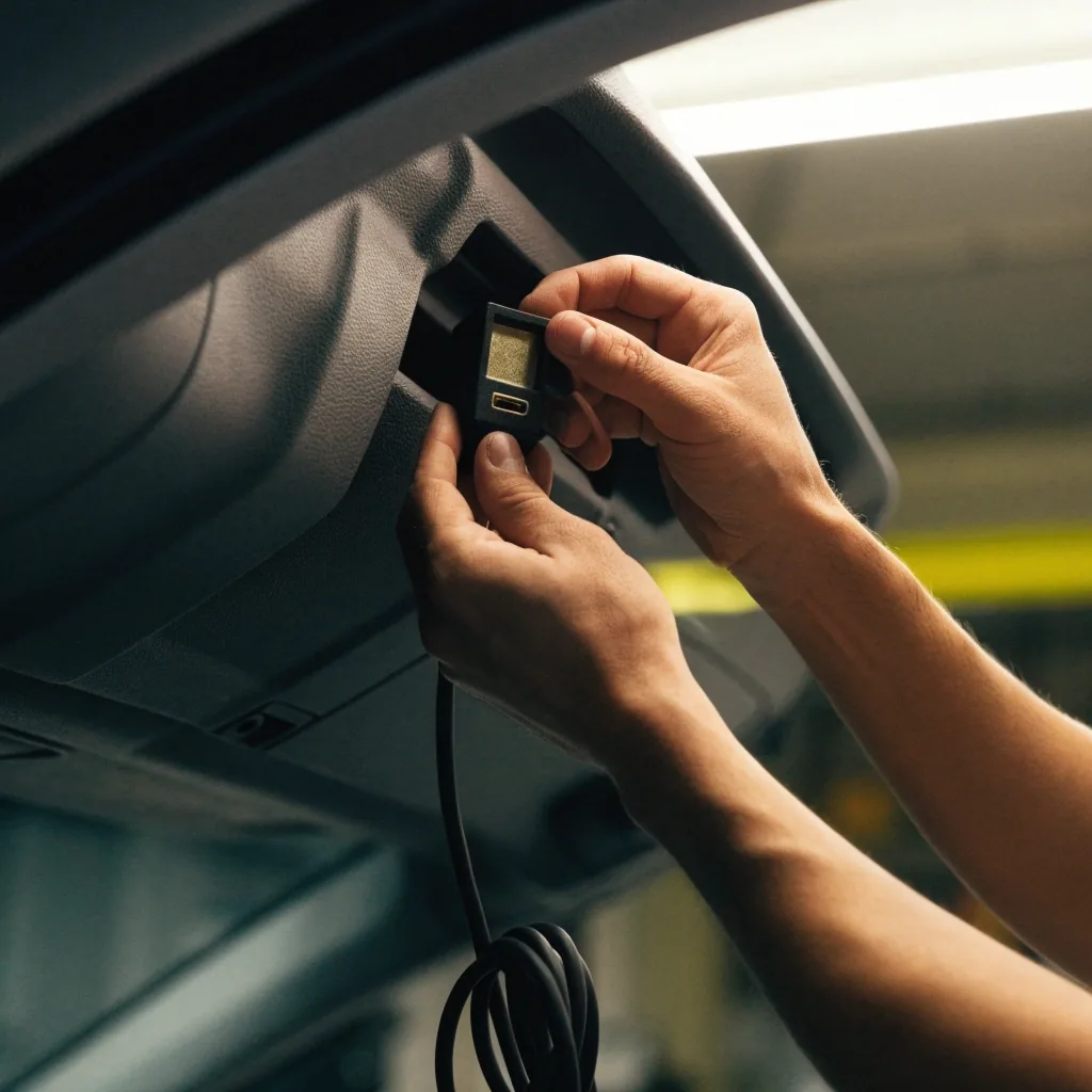 يدا فني توصل قابس الفحص في منفذ OBD2 أسفل طبلون السيارة